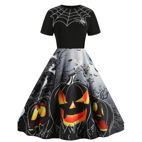歐美萬聖節氣質拼接圓領卡通骷髏修身顯瘦大擺短袖連衣裙女DRESS