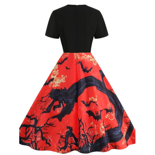 歐美萬聖節氣質拼接圓領卡通骷髏修身顯瘦大擺短袖連衣裙女DRESS