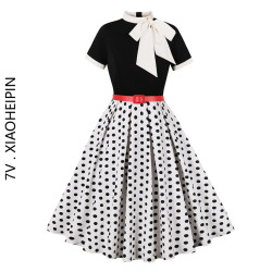 歐美懷舊復古年代赫本女裝大擺顯瘦印花綁帶蝴蝶結立領波點連衣裙