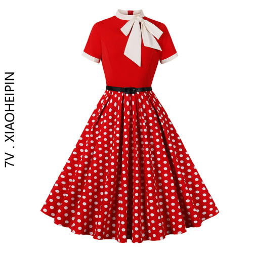 歐美懷舊復古年代赫本女裝大擺顯瘦印花綁帶蝴蝶結立領波點連衣裙