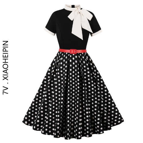 歐美懷舊復古年代赫本女裝大擺顯瘦印花綁帶蝴蝶結立領波點連衣裙