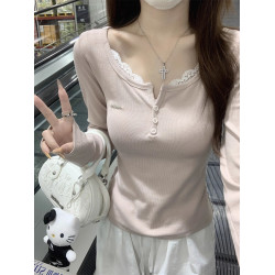 蕾絲拼接2025初夏穿搭打底衫內搭小衫長袖t恤女裝夏季短款上衣