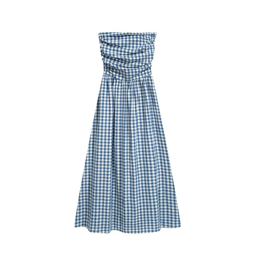 格子抹胸裙一字肩連衣裙女夏季法式氣質設計感收腰海邊度假長裙子