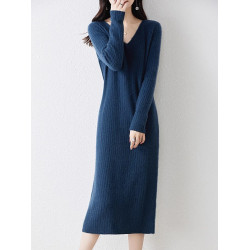 秋冬法式V領針織連衣裙女內搭小香風配大衣氣質顯瘦冬季打底長裙