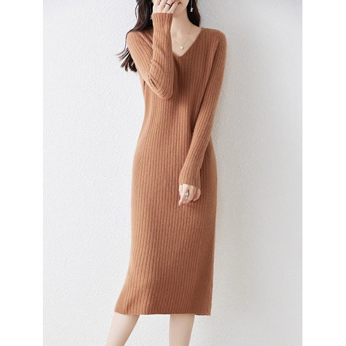 秋冬法式V領針織連衣裙女內搭小香風配大衣氣質顯瘦冬季打底長裙