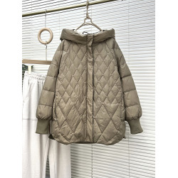 反季2025年新款中長款連帽羽絨服女繭型寬松白鴨絨時尚菱形格大碼