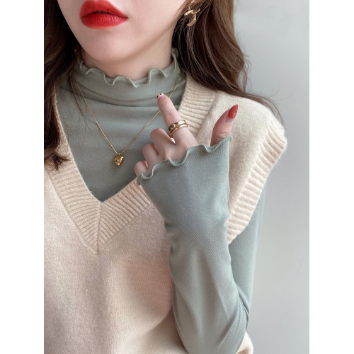 打底衫女內搭春秋2024新款黑色半高領莫代爾白色秋冬木耳邊上衣 打底衫女內搭春秋2024新款黑色半高領莫代爾白色秋冬木耳邊上衣