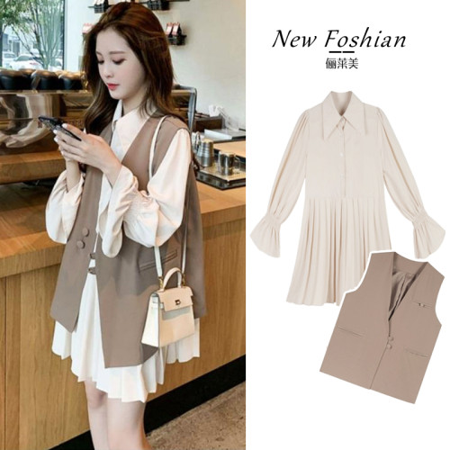 秋季連衣裙套裝女2025新款禦姐馬甲小香風襯衫裙大碼寬松兩件套