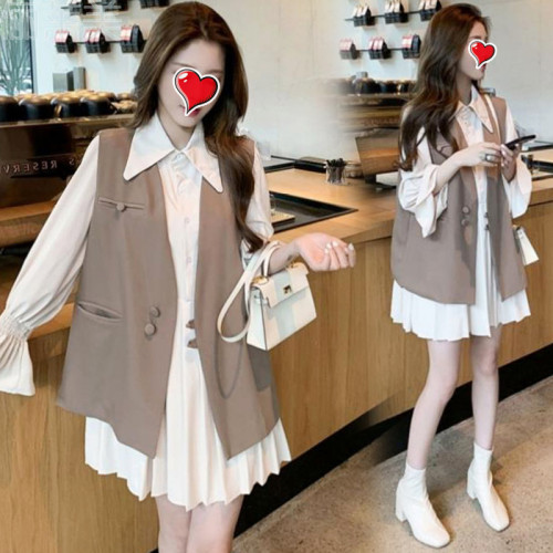 秋季連衣裙套裝女2025新款禦姐馬甲小香風襯衫裙大碼寬松兩件套