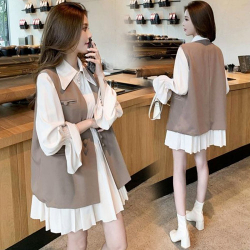 秋季連衣裙套裝女2025新款禦姐馬甲小香風襯衫裙大碼寬松兩件套