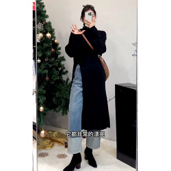 設計感別致開叉高領毛衣女大碼微胖mm顯瘦上衣秋冬韓版長款針織衫