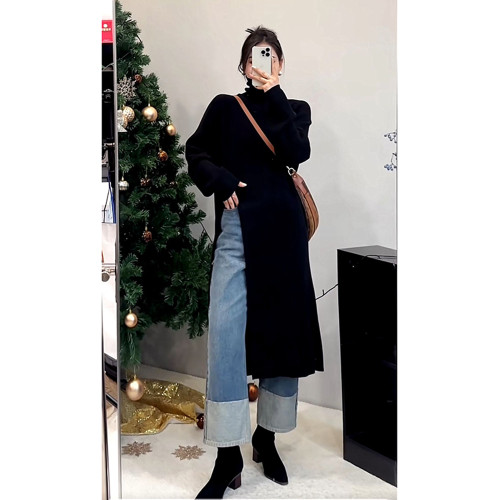 設計感別致開叉高領毛衣女大碼微胖mm顯瘦上衣秋冬韓版長款針織衫