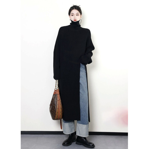設計感別致開叉高領毛衣女大碼微胖mm顯瘦上衣秋冬韓版長款針織衫