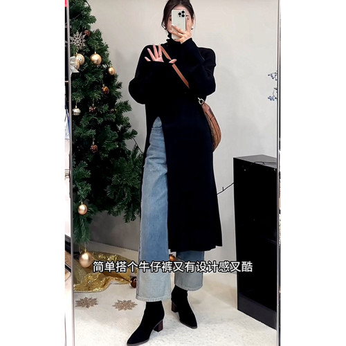 設計感別致開叉高領毛衣女大碼微胖mm顯瘦上衣秋冬韓版長款針織衫