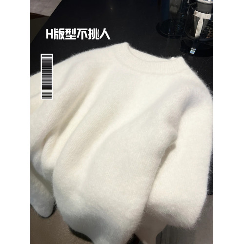 白色奶fufu毛衣外套冬季慵懶風圓領寬松加厚軟糯馬海毛針織衫內搭