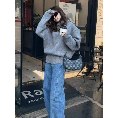 韓系慵懶寬松高級感灰色翻領加厚毛衣女冬2025新款秋季針織衫上衣