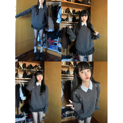 韓系復古麻花灰色套頭毛衣女秋冬2025新款慵懶風寬松軟糯針織上衣 韓系復古麻花灰色套頭毛衣女秋冬2025新款慵懶風寬松軟糯針織上衣