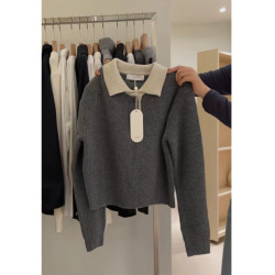 韓版復古拼色polo翻領毛衣女秋冬氣質簡約寬松顯瘦軟糯短款針織衫