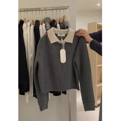 韓版復古拼色polo翻領毛衣女秋冬氣質簡約寬松顯瘦軟糯短款針織衫 韓版復古拼色polo翻領毛衣女秋冬氣質簡約寬松顯瘦軟糯短款針織衫