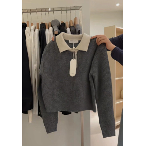 韓版復古拼色polo翻領毛衣女秋冬氣質簡約寬松顯瘦軟糯短款針織衫 韓版復古拼色polo翻領毛衣女秋冬氣質簡約寬松顯瘦軟糯短款針織衫