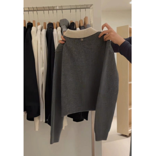 韓版復古拼色polo翻領毛衣女秋冬氣質簡約寬松顯瘦軟糯短款針織衫 韓版復古拼色polo翻領毛衣女秋冬氣質簡約寬松顯瘦軟糯短款針織衫