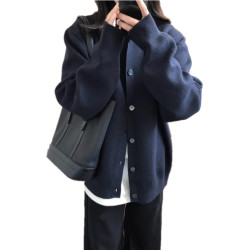 藏青色毛衣開衫外套女針織衫秋季新款寬松慵懶風別致休閒百搭上衣