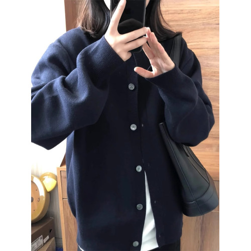 藏青色毛衣開衫外套女針織衫秋季新款寬松慵懶風別致休閒百搭上衣 藏青色毛衣開衫外套女針織衫秋季新款寬松慵懶風別致休閒百搭上衣