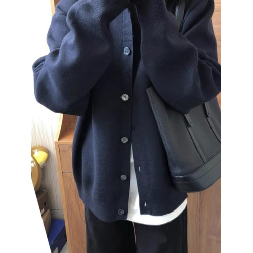 藏青色毛衣開衫外套女針織衫秋季新款寬松慵懶風別致休閒百搭上衣 藏青色毛衣開衫外套女針織衫秋季新款寬松慵懶風別致休閒百搭上衣