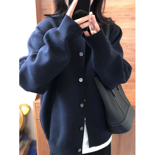 藏青色毛衣開衫外套女針織衫秋季新款寬松慵懶風別致休閒百搭上衣 藏青色毛衣開衫外套女針織衫秋季新款寬松慵懶風別致休閒百搭上衣