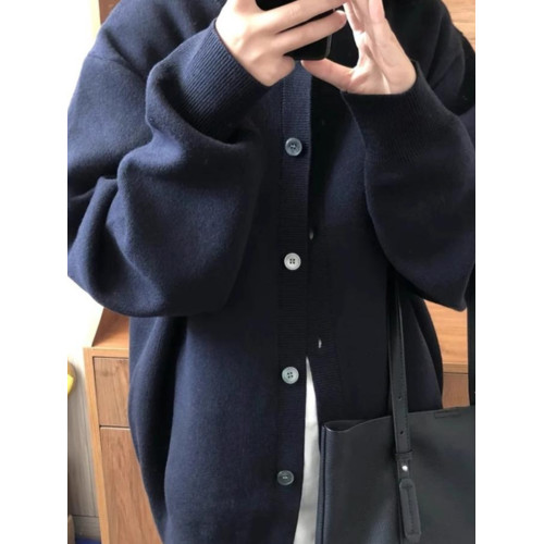 藏青色毛衣開衫外套女針織衫秋季新款寬松慵懶風別致休閒百搭上衣 藏青色毛衣開衫外套女針織衫秋季新款寬松慵懶風別致休閒百搭上衣