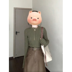 綠色復古坑條套頭毛衣女秋冬小個子修身短款打底衫內搭針織衫上衣