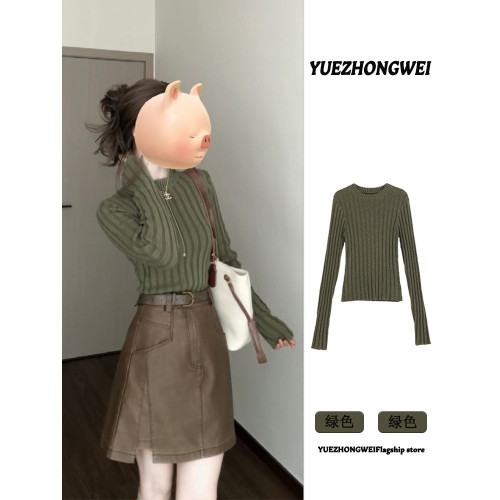 綠色復古坑條套頭毛衣女秋冬小個子修身短款打底衫內搭針織衫上衣 綠色復古坑條套頭毛衣女秋冬小個子修身短款打底衫內搭針織衫上衣