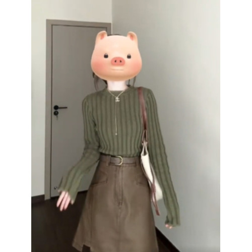 綠色復古坑條套頭毛衣女秋冬小個子修身短款打底衫內搭針織衫上衣 綠色復古坑條套頭毛衣女秋冬小個子修身短款打底衫內搭針織衫上衣