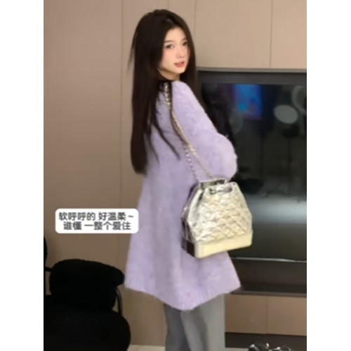紫色馬海毛毛衣開衫女秋冬季韓系穿搭寬松外穿慵懶風軟糯針織外套