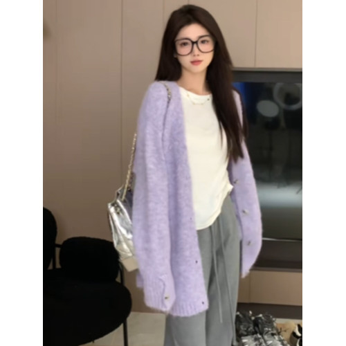 紫色馬海毛毛衣開衫女秋冬季韓系穿搭寬松外穿慵懶風軟糯針織外套