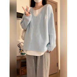 秋冬假兩件毛衣女ins韓系寬松慵懶風軟奶baby藍v領套頭針織衫上衣