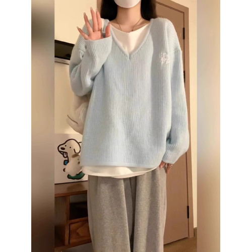 秋冬假兩件毛衣女ins韓系寬松慵懶風軟奶baby藍v領套頭針織衫上衣