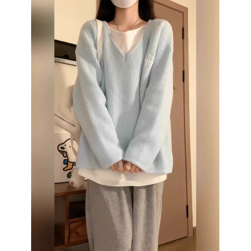 秋冬假兩件毛衣女ins韓系寬松慵懶風軟奶baby藍v領套頭針織衫上衣