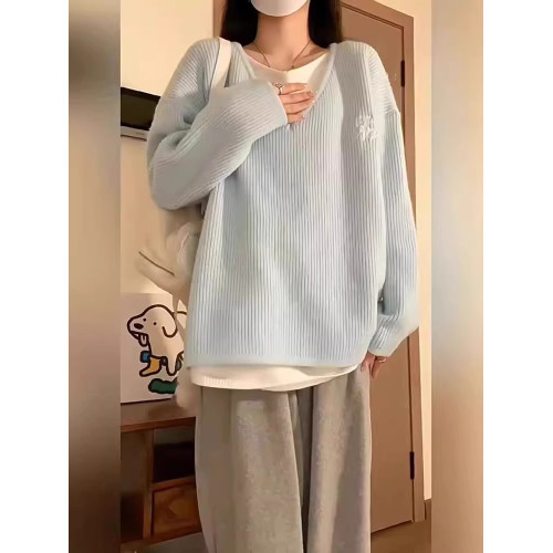 秋冬假兩件毛衣女ins韓系寬松慵懶風軟奶baby藍v領套頭針織衫上衣