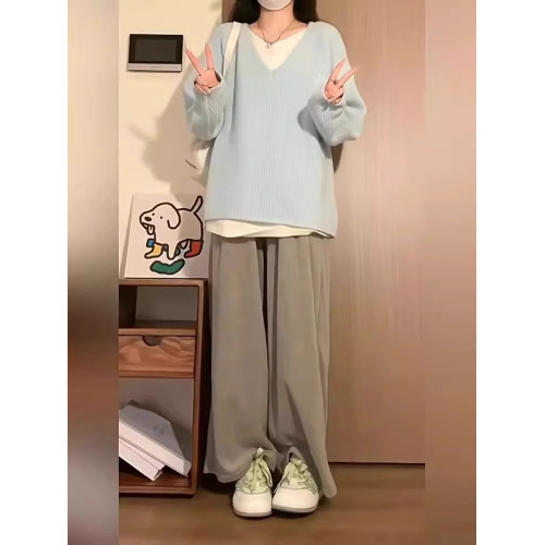 秋冬假兩件毛衣女ins韓系寬松慵懶風軟奶baby藍v領套頭針織衫上衣