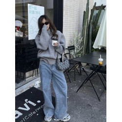 韓系慵懶寬松高級感灰色翻領套頭毛衣女冬2025新款秋季針織衫上衣