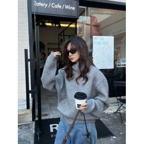 韓系慵懶寬松高級感灰色翻領套頭毛衣女冬2025新款秋季針織衫上衣 韓系慵懶寬松高級感灰色翻領套頭毛衣女冬2025新款秋季針織衫上衣