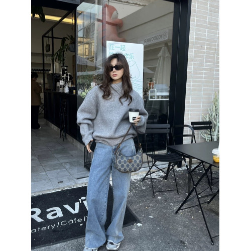 韓系慵懶寬松高級感灰色翻領套頭毛衣女冬2025新款秋季針織衫上衣 韓系慵懶寬松高級感灰色翻領套頭毛衣女冬2025新款秋季針織衫上衣