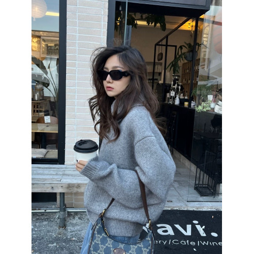 韓系慵懶寬松高級感灰色翻領套頭毛衣女冬2025新款秋季針織衫上衣 韓系慵懶寬松高級感灰色翻領套頭毛衣女冬2025新款秋季針織衫上衣