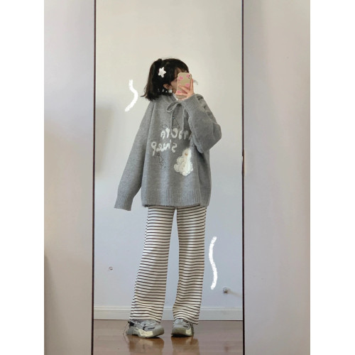 慵懶風灰色卡通連帽外穿毛衣女秋季新款韓版寬松套頭針織衫衛衣冬