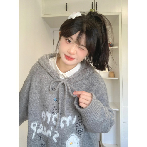 慵懶風灰色卡通連帽外穿毛衣女秋季新款韓版寬松套頭針織衫衛衣冬
