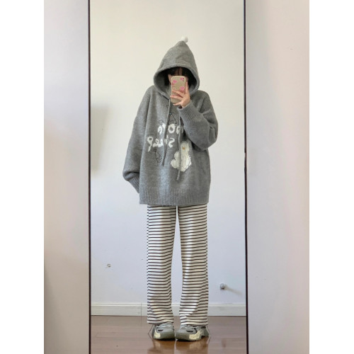 慵懶風灰色卡通連帽外穿毛衣女秋季新款韓版寬松套頭針織衫衛衣冬