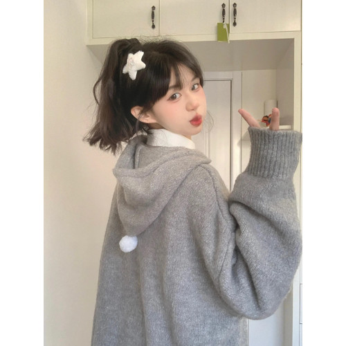 慵懶風灰色卡通連帽外穿毛衣女秋季新款韓版寬松套頭針織衫衛衣冬
