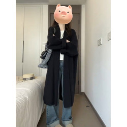 2025新款黑色長款毛衣外套針織開衫女秋冬季韓系慵懶寬松外搭大衣