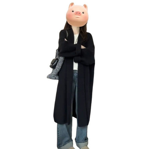 2025新款黑色長款毛衣外套針織開衫女秋冬季韓系慵懶寬松外搭大衣